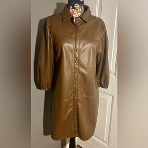 7 For All Mankind Faux Leather Puff Sleeve Dress Saddle Brown Shirt Coat Size M